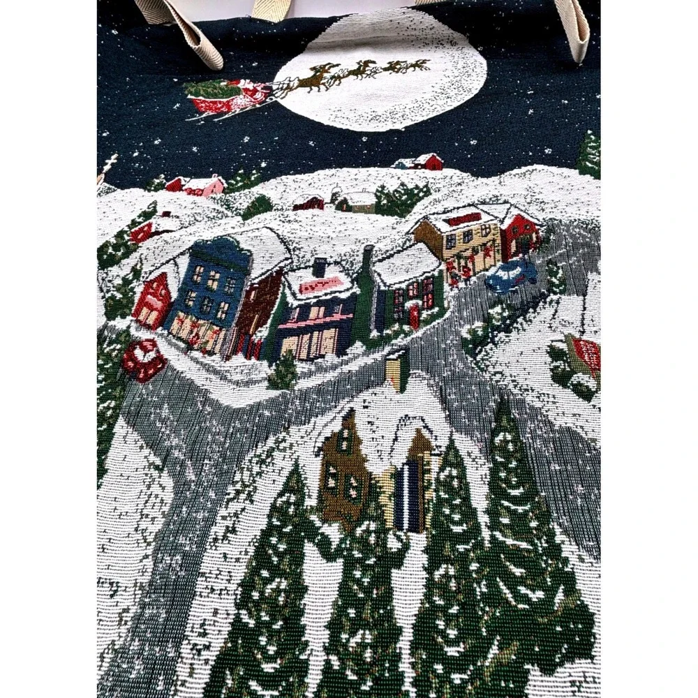 Vintage Christmas Tapestry Wall Hanging Scene Santa‎ Sleigh Snow Village